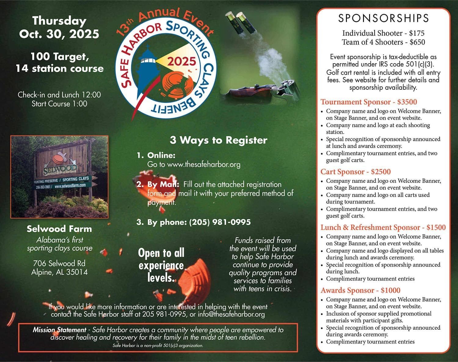 Sporting Clays Fundraiser Flyer-2025 Safe Harbor Sporting Clay's Benefit 2024